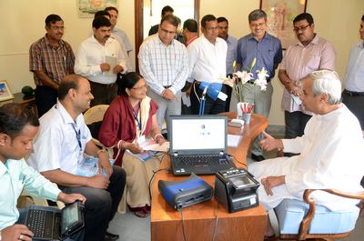 Biometric data of Honble Chief Minister Shri Naveen Patnaik being taken for National Population Register at the Naveen Niwas Date-26-Jun-2012