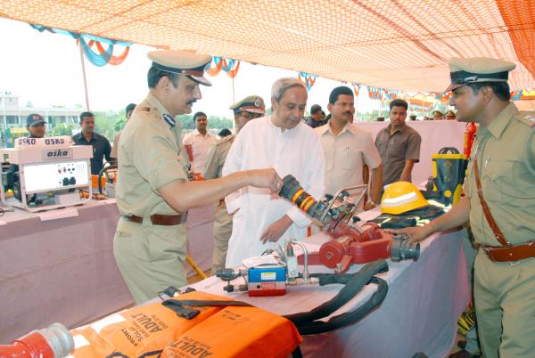 Naveen Patnaik going round the Anti-Fire Equipment Exhibition on the occasion of 67th Fire Service Day at Bhubaneswar.