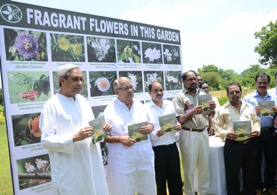 Chief Minister Shri Naveen Patnaik realising a broucher Flowers of Fragrance at Regional Plant Resource Centre, Bhubaneswar Date-22-Aug-2012