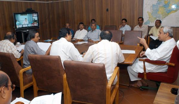 Chief Minister Shri Naveen Patnaik discussing regarding 35% irrigation facilities in block, road connectivity and NREGA programme with Collectors through Video Conferencing at Secretariat.