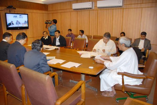 Naveen Patnaik discussing on progress of MGNREGS through Video Conference with District Collectors at Secretariat.