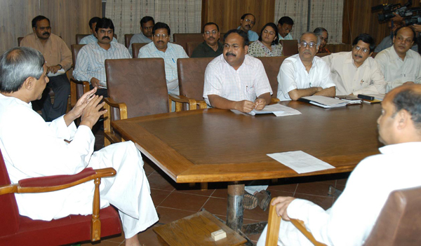 Naveen Patnaik, reviewing the flood situation in the State at Secretariat.